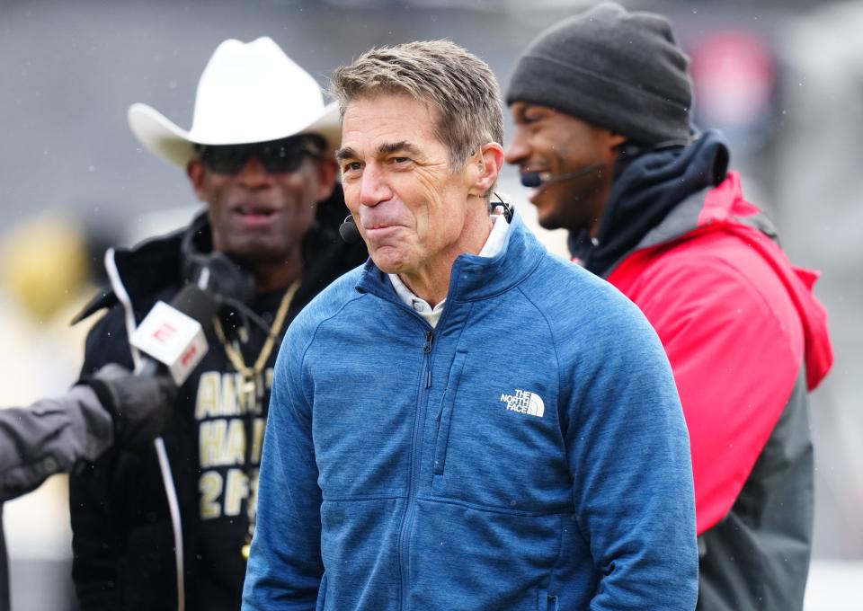 ESPN broadcaster Chris Fowler looks on during the first half of the Colorado Buffaloes' spring game at Folsom Field on April 22, 2023.