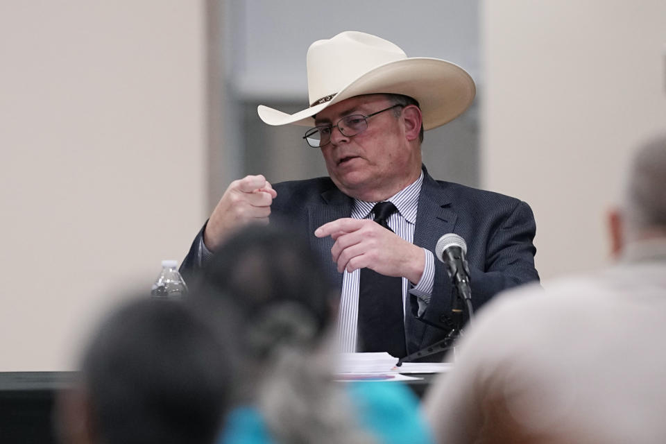 Jesse Prado, an Austin-based investigator shares his findings at a special city council meeting in Uvalde, Texas, Thursday, March 7, 2024. (AP Photo/Eric Gay)