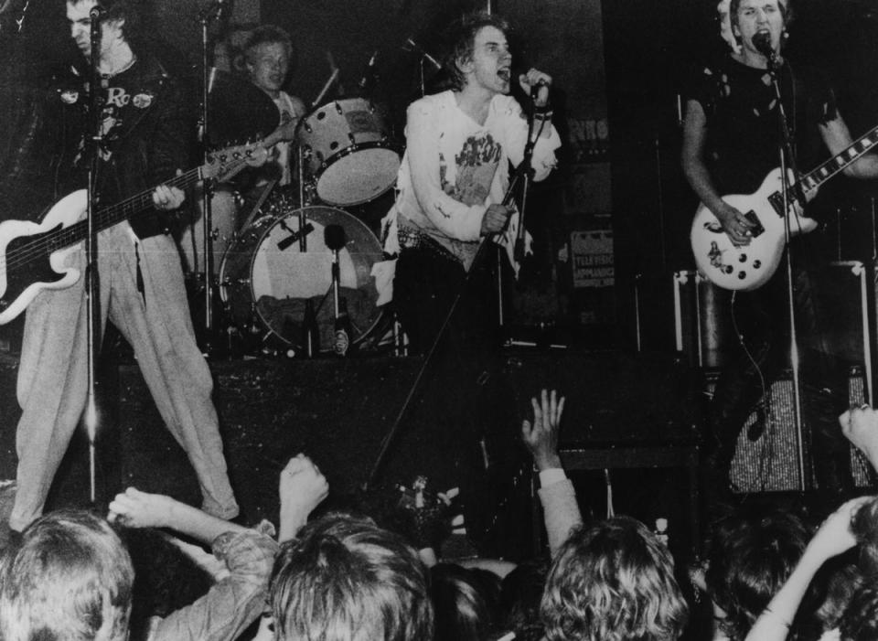 Infamous British punk rock group Sex Pistols playing live in Copenhagen. From left to right: Sid Vicious, Paul Cook, Johnny Rotten and Steve Jones (Getty)