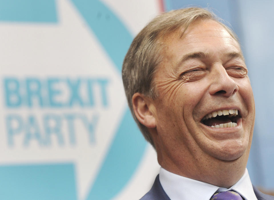 Former U.K. Independence Party leader and MEP Nigel Farage speaks during the launch of the Brexit Party's European election campaign, in Coventry, England, Friday, April 12, 2019. Farage said Friday that delays to Brexit were "a willful betrayal of the greatest democratic exercise in the history of this nation." (AP Photo/Rui Vieira)