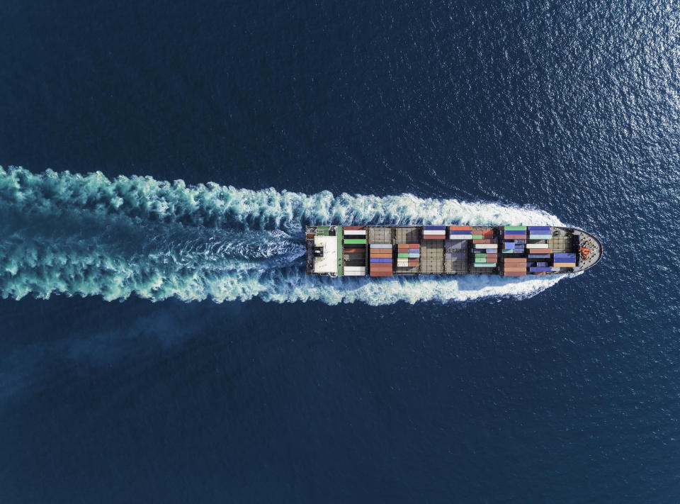 Aerial view of a container ship.