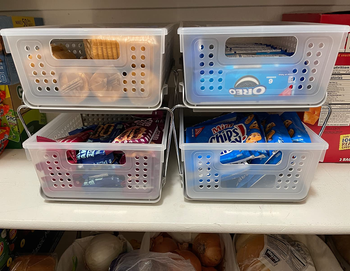 reviewer image of the baskets in the kitchen storing snacks