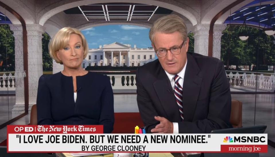 “Morning Joe” co-hosts Mika Brzezinski (left) and Joe Scarborough weighed in on George Clooney’s op-ed in the New York Times. MSNBC