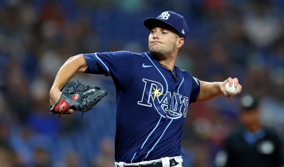 ST PETERSBURG, FLORIDA - APRIL 11: Shane McClanahan #18 of the Tampa Bay Rays pitches during a game against the Boston Red Sox at Tropicana Field on April 11, 2023 in St Petersburg, Florida. (Photo by Mike Ehrmann/Getty Images)