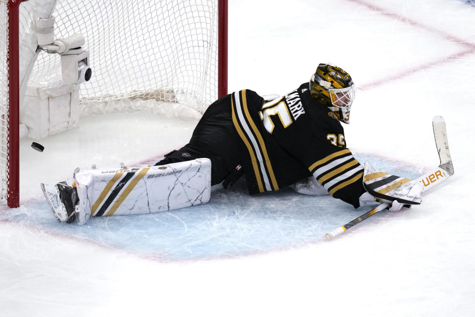 Boston Bruins goaltender Linus Ullmark drops to the ice after giving up a goal to Toronto Maple Leafs center Auston Matthews during the third period of Game 2 of an NHL hockey Stanley Cup first-round playoff series, Monday, April 22, 2024, in Boston. (AP Photo/Charles Krupa)