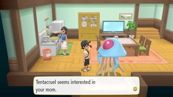 Screenshot from a &quot;Pokemon&quot; game of Tentacruel in someone&#39;s house, with the caption &quot;Tentacruel seems interested in your mom.&quot;