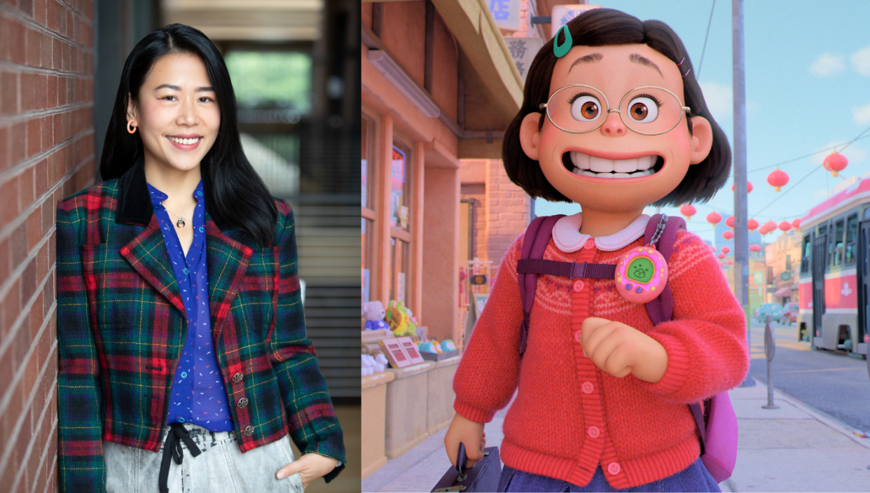 A photo of Pixar director Domee Shi with her character Meilin from Turning Red. 