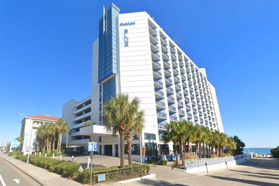 <p>Google Maps</p> Jorge Orellana fell off the side of Hotel Blue (pictured) in Myrtle Beach, S.C. Sunday, April 14.