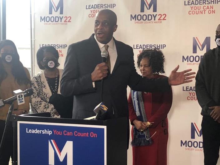 Ken Moody, a longtime government official and former University of Memphis basketball player, launches his campaign for the Democratic nomination for Shelby County Mayor at the Hattiloo Theatre Thursday Jan. 6, 2022.