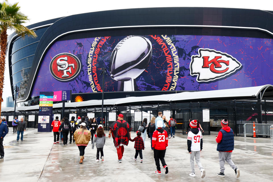 Fans enter Allegiant Stadium prior to the Super Bowl LVIII Opening Night on Feb. 5, 2024 in Las Vegas, Nevada. / Credit: Jeff Speer/Icon Sportswire via Getty Images