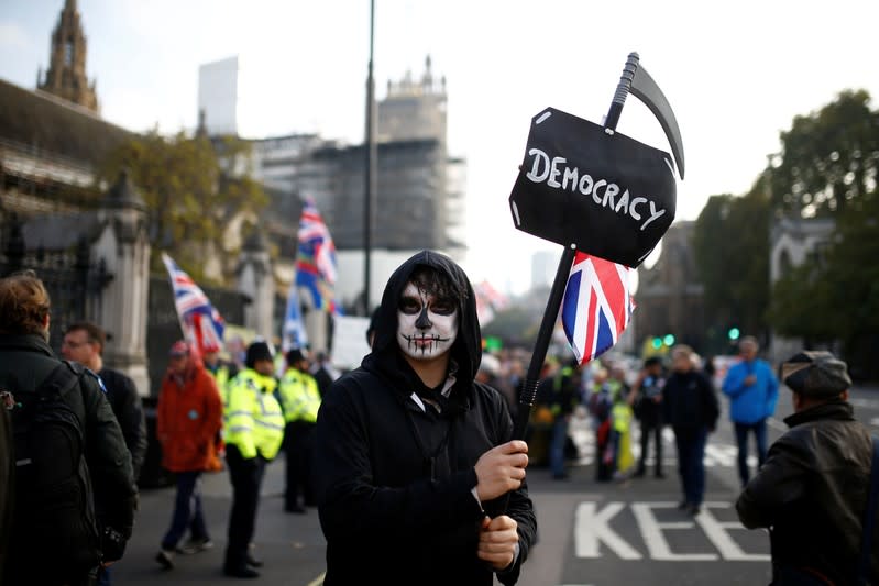 A protester poses for a picture outside the Parliament in Westminster, London