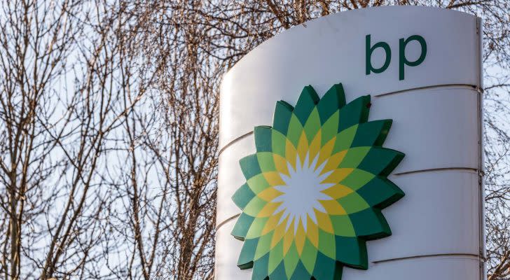 BP (BP) sign with leafless trees in the background, wintertime. Represents BP stock.