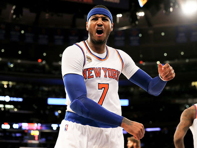 Carmelo Anthony argues the call. (Getty Images)