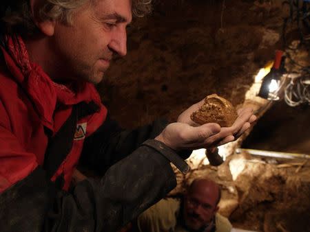 Professor Juan Luis Arsuaga examines an artefact in this undated handout picture taken at the Sima de los Huesos site in Sierra de Atapuerca, Spain. REUTERS/Copyright Javier Trueba/Madrid Scientific Films/Handout via Reuters