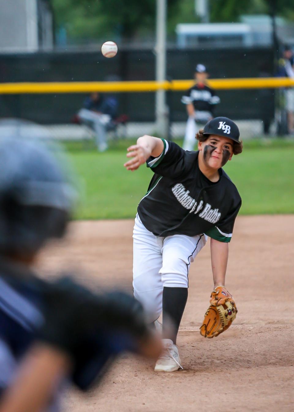 Evan Sousa of Kitchens & Baths brings the heat for his team last week at Whaling City Youth Baseball.