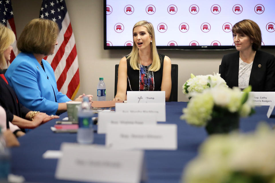 Ivanka Trump (center), daughter of Republican presidential nominee Donald Trump, meets with Rep. Cathy McMorris Rodgers (R-Wash.) and other women GOP members of Congress at the Republican National Committee headquarters on Capitol Hill on Sept. 20, 2016.