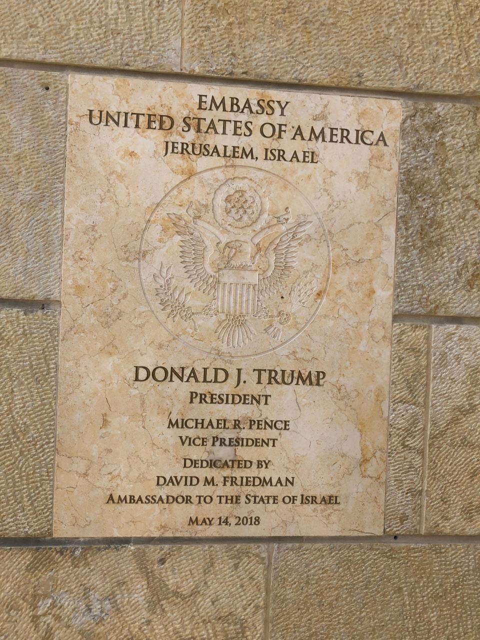 A plaque embedded in the facade of the new U.S. Embassy in Jerusalem is seen in the holy city on Sept. 8, 2019.