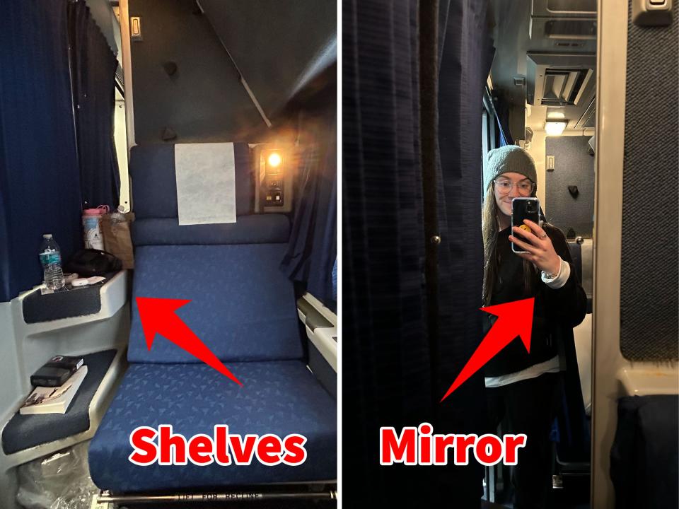 Side-by-side photos show amenities in the Amtrak roomette, including shelves and a mirror.