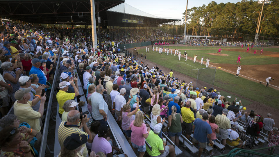 Fans pack the stands at Grayson Stadium to watch the Savannah Bananas play against the Florence Flamingos in a baseball game Tuesday, June 7, 2022, in Savannah, Ga. Grayson Stadium holds 4,000 fans for home games. (AP Photo/Stephen B. Morton)