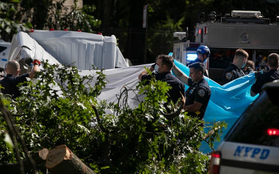 New York City Police officers shield a person from view who died after a tree fell on a van - AP Photo/Frank Franklin II