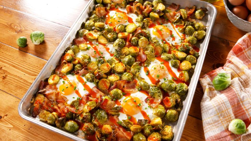 Sheet Pan Brussels Sprouts Bacon Egg Hash