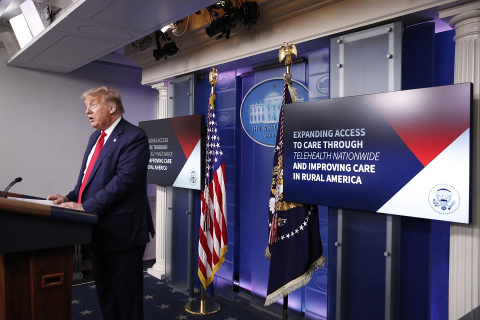 President Donald Trump speaks during a briefing with reporters in the James Brady Press Briefing Room of the White House, Monday, Aug. 3, 2020, in Washington.(AP Photo/Alex Brandon)