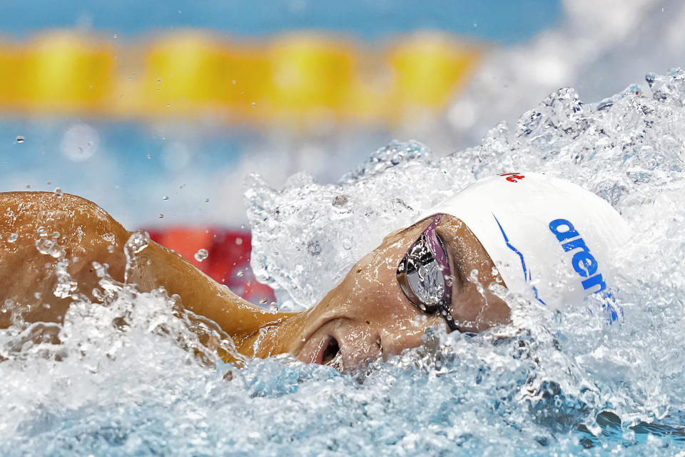 David Popovici of Romania competes in the men's 200 meter freestyle semi-final at the World Swimming Championships in Fukuoka, Japan, Monday, July 24, 2023. (AP Photo/Eugene Hoshiko)