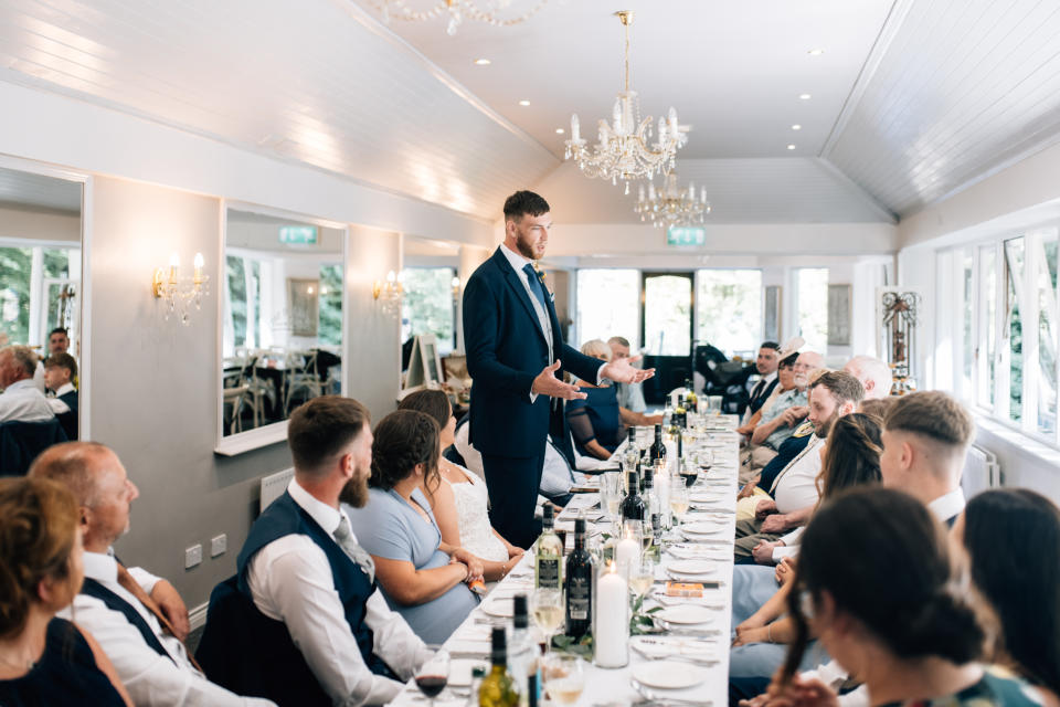 Groom Adam delivers his speech to the guests at the wedding breakfast (Image: @agapestories_)