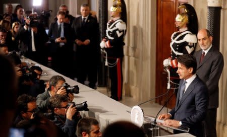 Newly appointed Italy Prime Minister Giuseppe Conte speaks to the media after the consultation with the Italian President Sergio Mattarella at the Quirinal Palace in Rome, Italy, May 23, 2018.  REUTERS/Remo Casilli