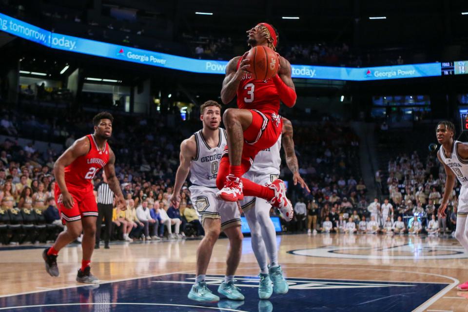 Feb 25, 2023; Atlanta, Georgia, USA; Louisville Cardinals guard El Ellis (3) shoots past the Georgia Tech Yellow Jackets in the first half at McCamish Pavilion.  Brett Davis/USA TODAY Sports