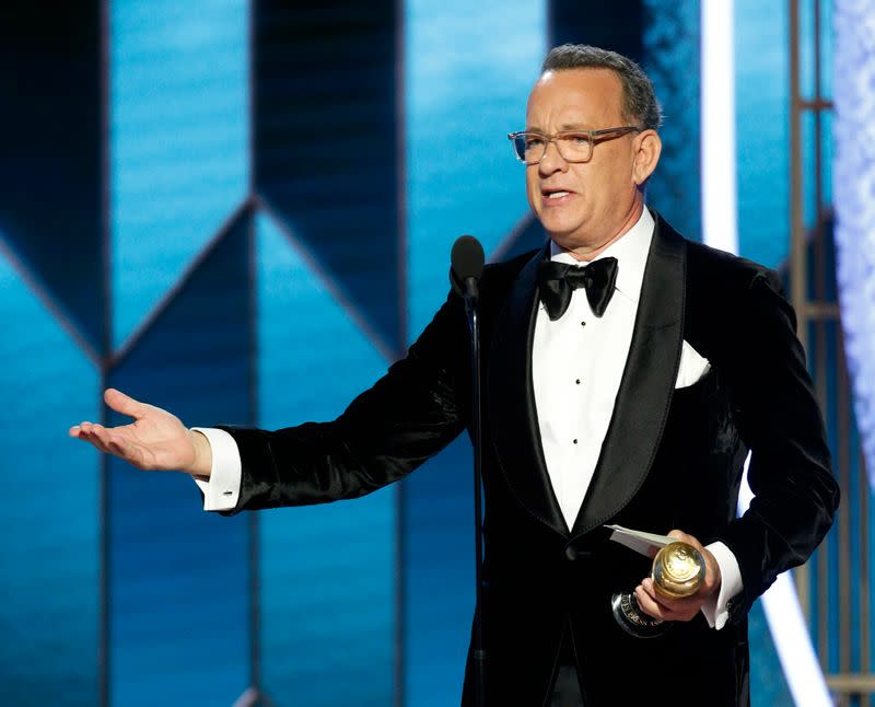 Jan 5, 2020; Beverly Hills, CA, USA; Tom Hanks accepts the Cecil B. DeMille Award during the 77th Annual Golden Globe Awards at