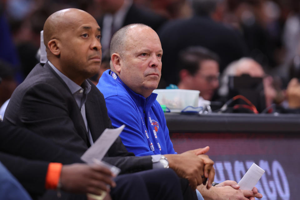 CHICAGO, ILLINOIS - DECEMBER 14: Executive Vice President and Senior Basketball Advisor William Wesley and President Leon Rose of the New York Knicks look on during the first half against the Chicago Bulls at United Center on December 14, 2022 in Chicago, Illinois. NOTE TO USER: User expressly acknowledges and agrees that, by downloading and or using this photograph, User is consenting to the terms and conditions of the Getty Images License Agreement.  (Photo by Michael Reaves/Getty Images)