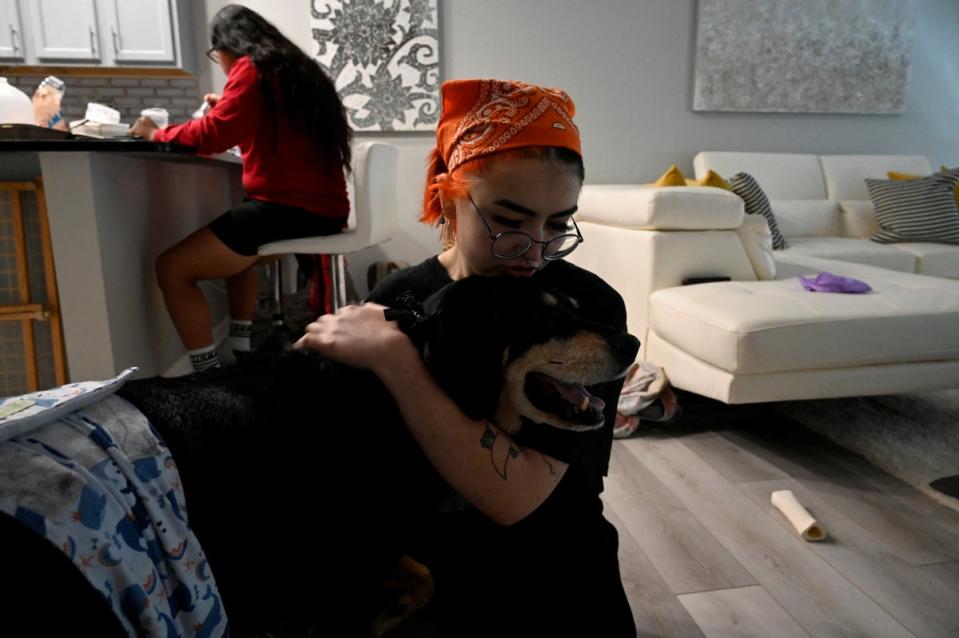 Dwayne, Logan’s emotional support dog, comforts them (Reuters)