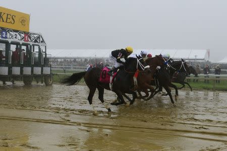 May 19, 2018; Baltimore, MD, USA; A general view of the start gate during the 143rd running of the Preakness Stakes at Pimlico Race Course. Mandatory Credit: Tommy Gilligan-USA TODAY Sports