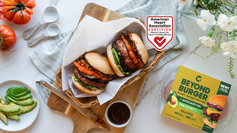 The Avocado and Caramelized Onion Beyond Burger, featuring the new Beyond Burger, an American Heart Association Heart-Check Certified Recipe