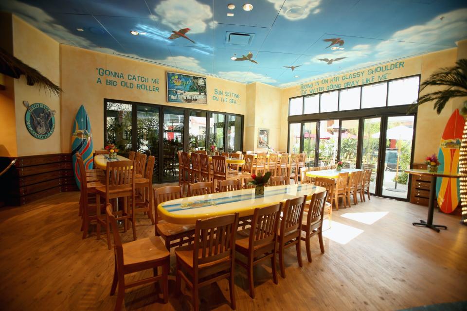 an empty dining room in a tropical themed restaurant