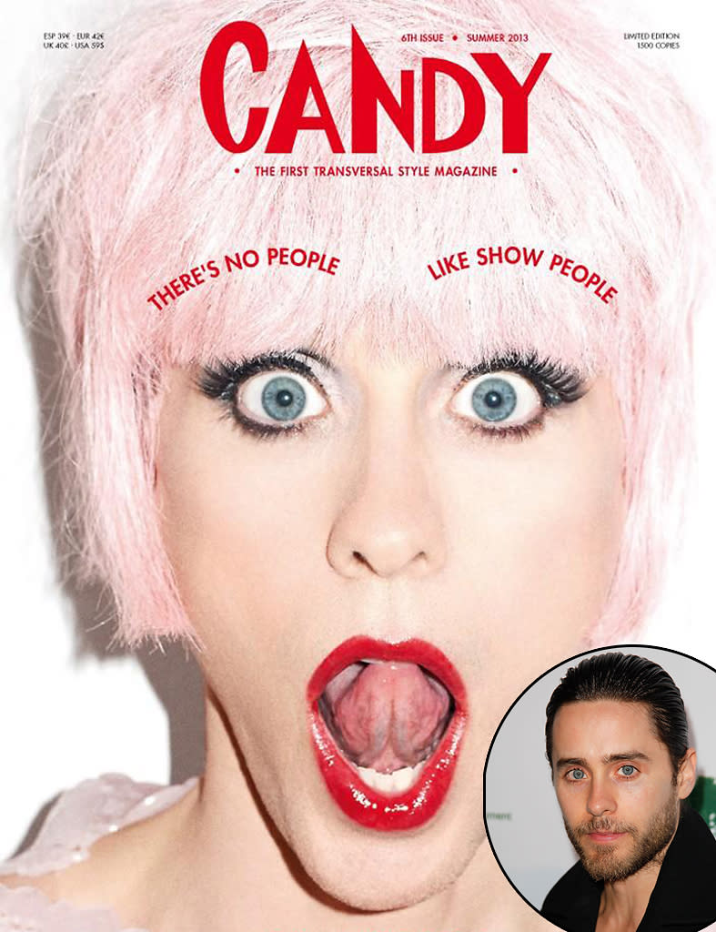 <b>Candy Magazine</b><br> Yes, that is in fact Jared Leto in his latest physical incarnation. As James Franco has done before him, Leto appears on the cover of "transversal" style magazine, Candy, ... in drag. Compared to his everyday look (see inset photo), Leto makes a pretty lady!