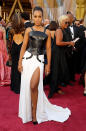 Kerry Washington gives off some serious gladiator vibes in this black leather and white chiffon Atelier Versace gown.