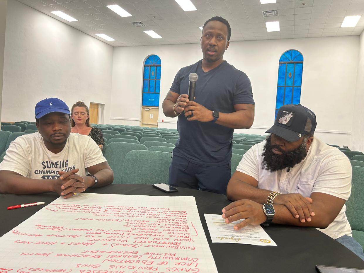 Dedrick Steward, center, speaks at a community meeting to address gun violence, sponsored by the Tallahassee Council on the Status of Men and Boys at Old West Florida Primitive Baptist Enrichment Center on Tuesday, May 16, 2023.