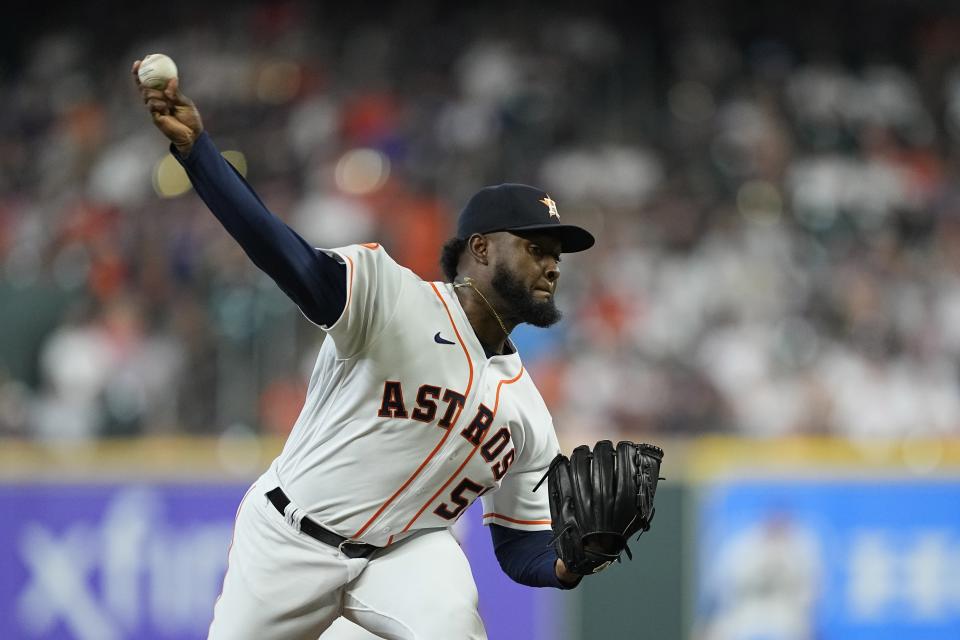 Houston Astros starting pitcher Cristian Javier throws during the first inning of a baseball game against the New York Mets Wednesday, June 21, 2023, in Houston. (AP Photo/David J. Phillip)