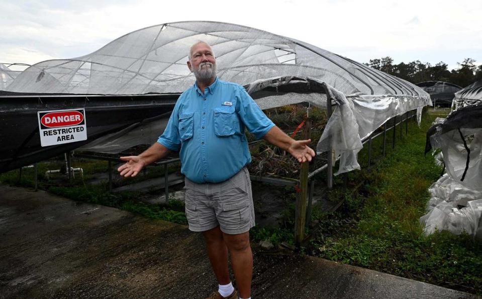 Dennis Cathcart, founder of Tropiflora, a major grower of bromeliads, says the grow-houses with all their plants were hit hard by Hurricane Ian, completely destroying seven structures and heavily damaging most of the rest.