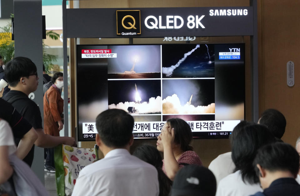 A TV screen shows images of North Korea's missile launch during a news program at the Seoul Railway Station in Seoul, South Korea, Thursday, Aug. 31, 2023. North Korea launched two short-range ballistic missiles toward the sea on Wednesday night, its neighbors said, hours after the U.S. flew long-range bombers for drills with its allies in a show of force against the North. (AP Photo/Ahn Young-joon)