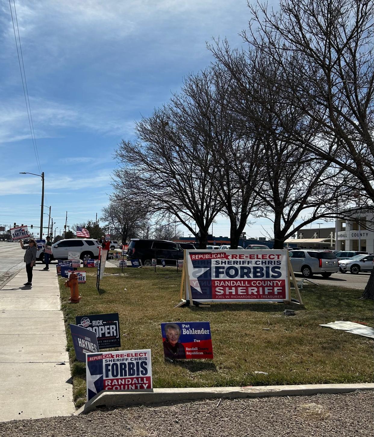 Campaign signs are seen outside the Randall County Annex on Election Day Tuesday. The March 5 primary includes several county races including Randall County sheriff, as well as several state House representative seats.