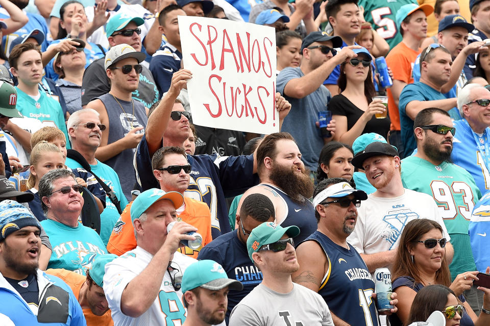 A Charger fans shows his displeasure with team owner Dean Spanos. (Getty)