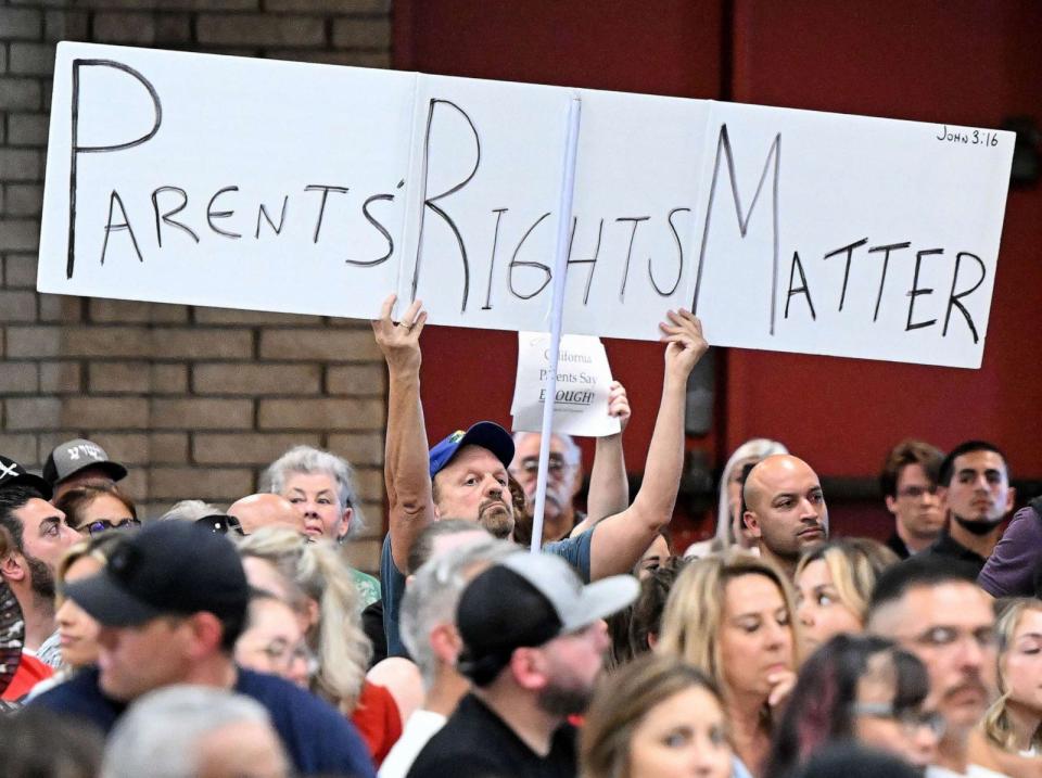 PHOTO: FILE - A parents rights supporter holds up a sign during Chino Valley Unified School District board meeting at Don Lugo High School in Chino, July 20, 2023. (Medianews Group/inland Valley Da/MediaNews Group via Getty Images, FILE)