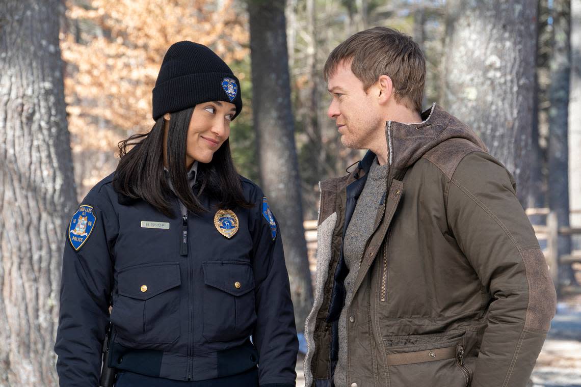 Julia Jones, left, and Michael C. Hall in a scene from the Showtime’s “Dexter: New Blood,” a series where Hall reprises his role of Dexter.