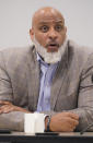 Major League Baseball union head Tony Clark speaks during a media availability in Irving, Texas, Thursday, Dec. 2, 2021. Owners locked out players at 12:01 a.m. Thursday following the expiration of the sport's five-year collective bargaining agreement. (AP Photo/LM Otero)