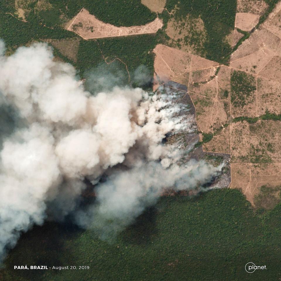 This handout picture collected by a satellite of © 2019 Planet Labs, Inc on August 20, 2019 shows smoke and fires in Brazil's state Para.