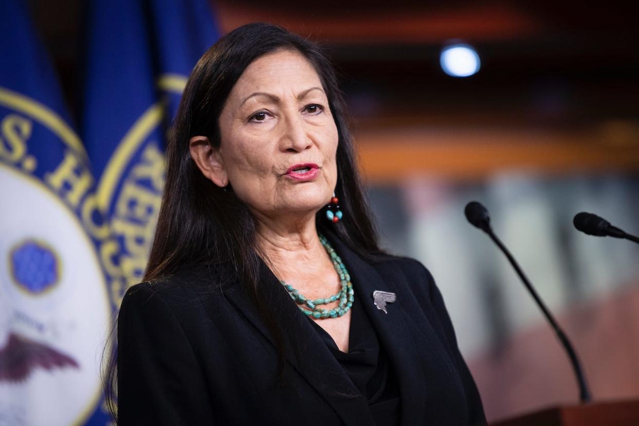 Rep. Deb Haaland, D-N.M., speaks during a news conference on Capitol Hill in Washington on Wednesday, May 27, 2020.