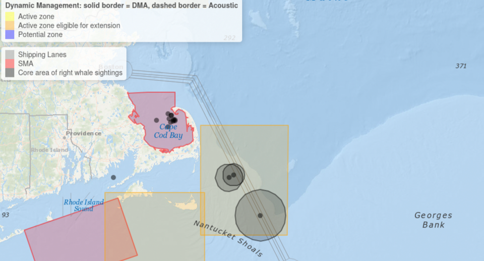 A map of Massachusetts showing where the whales have been located.